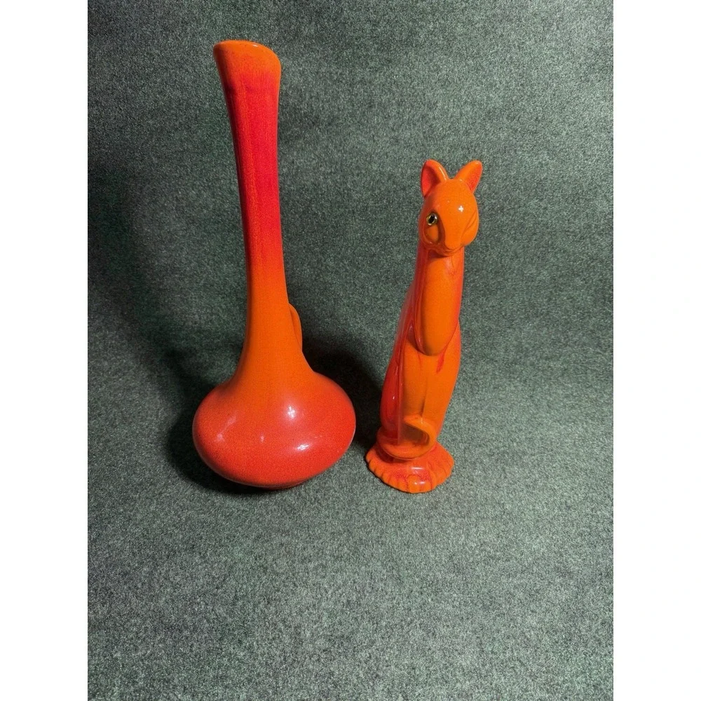 Royal‎ Haeger MCM Pottery Orange Winking Cat Statue + Vase Green Eye Figurine